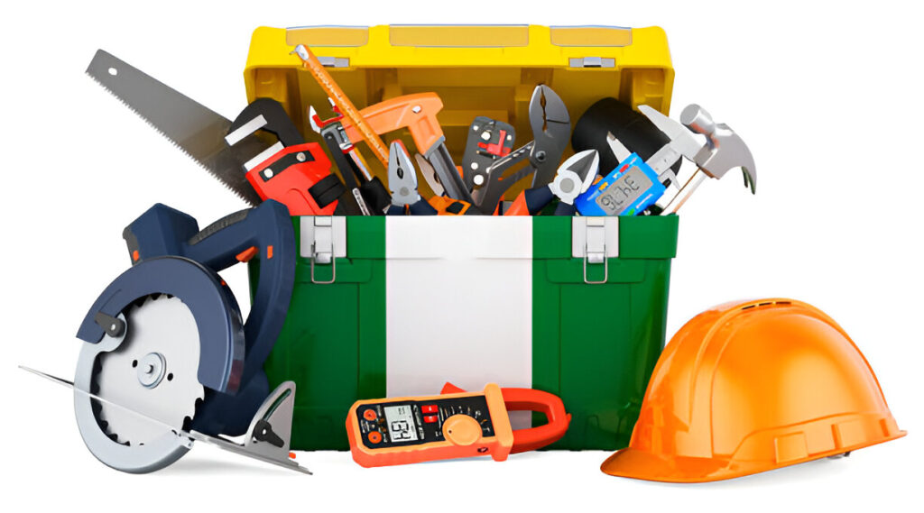 Nigeria themed toolbox with green-white-green colours, symbolizing national effort to fix the housing system using tools like spanner, helmet, and saw.